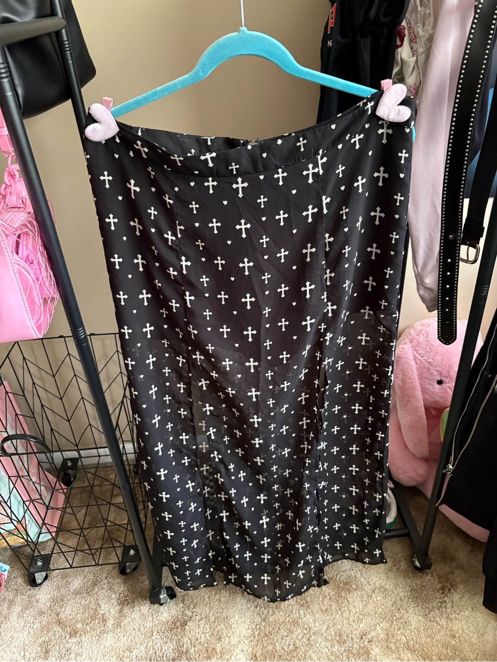 Fun & Flirt Black Satin Maxi Skirt with White Cross Print